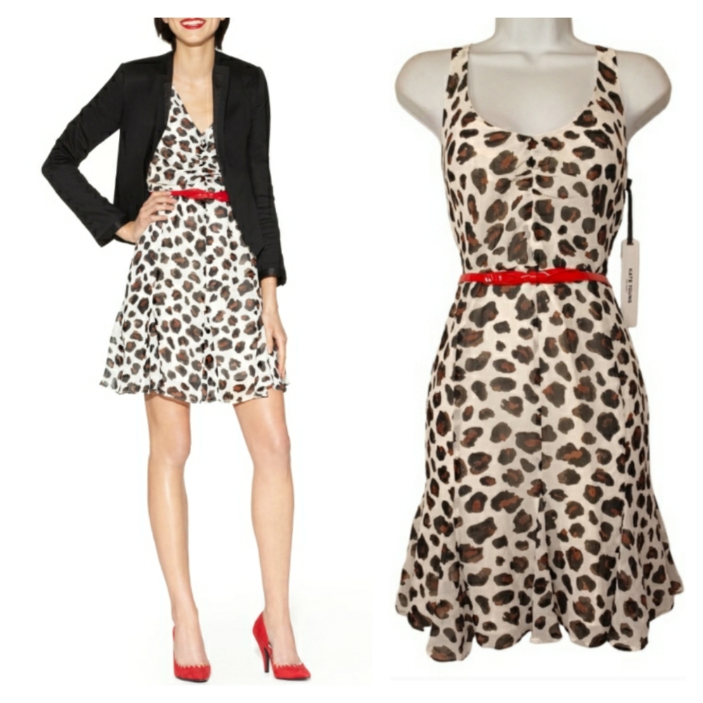 KATE YOUNG Leopard Print with Red Belt Sleeveless Ruffle Dress Size 4 Small NWT
